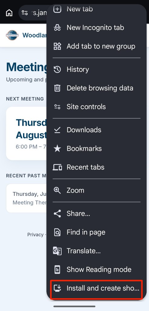 Chrome menu with Install and create shortcut highlighted