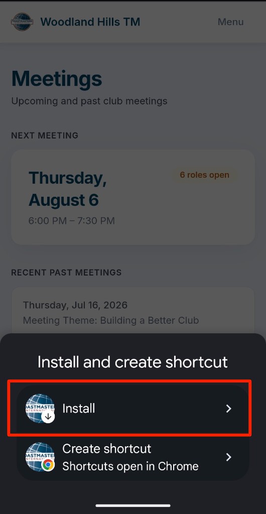 Install and create shortcut sheet with Install highlighted