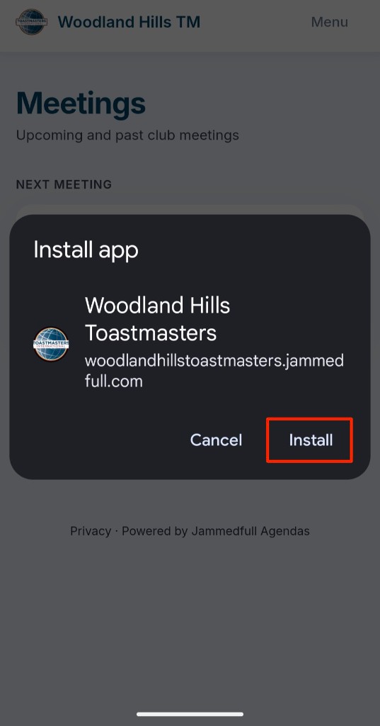 Install app dialog with Install button highlighted