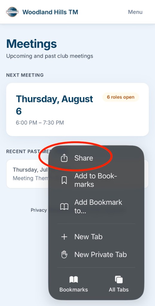 Safari menu with Share circled