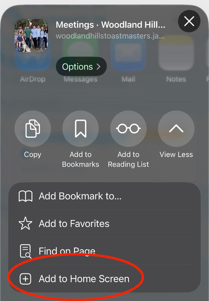 iOS share sheet with Add to Home Screen circled