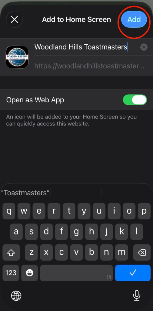 Add to Home Screen screen with Add button circled